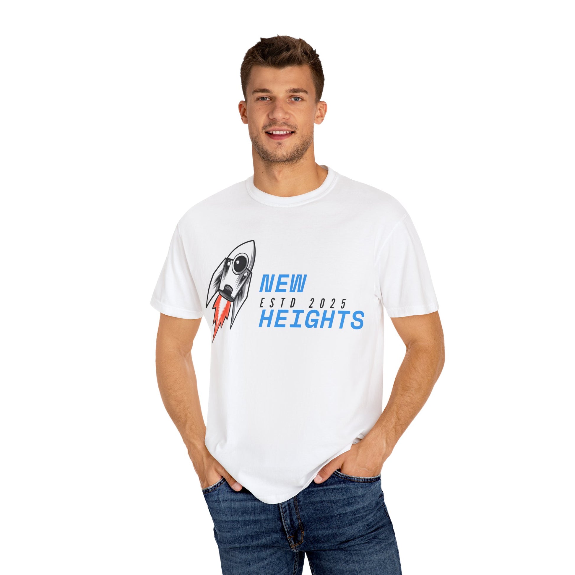 Rocket-Themed T-Shirt for Dreamers, New Heights Graphic Tee, Motivational Apparel, Gift for Graduates, Unique Gift Idea, Casual Wear