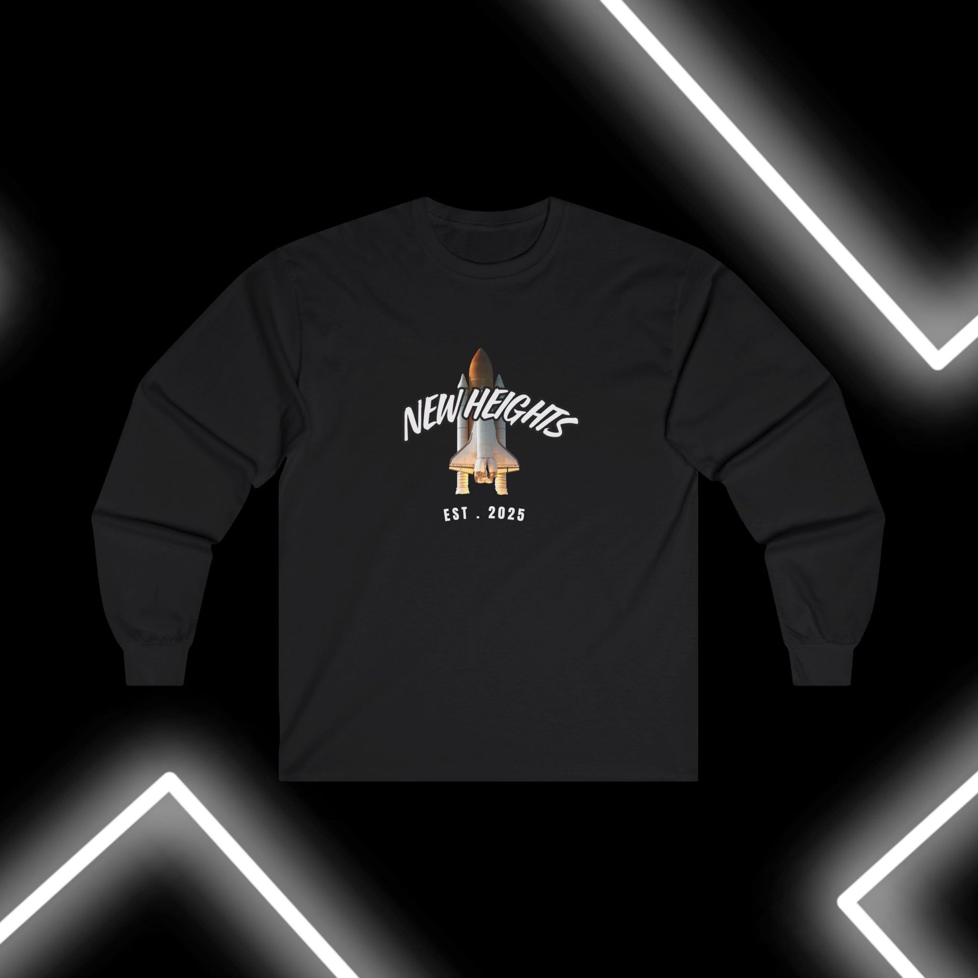 Unisex Long Sleeve Tee Featuring 'New Heights' Rocket Design – Perfect for Space Enthusiasts, Gifts, and Everyday Wear